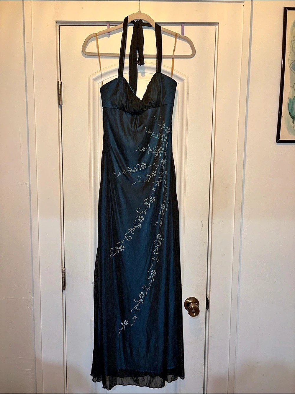 Vintage 90s/ early 2000s blue/black over-sheen formal floor length dress, size S